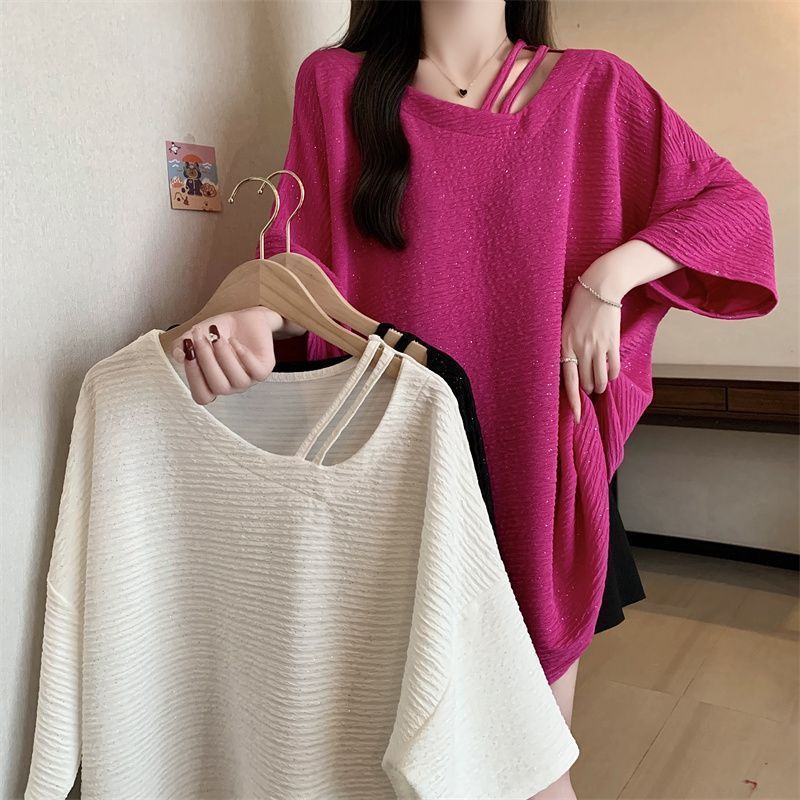 Shiny Texture Asymmetrical Short-Sleeved T-Shirt