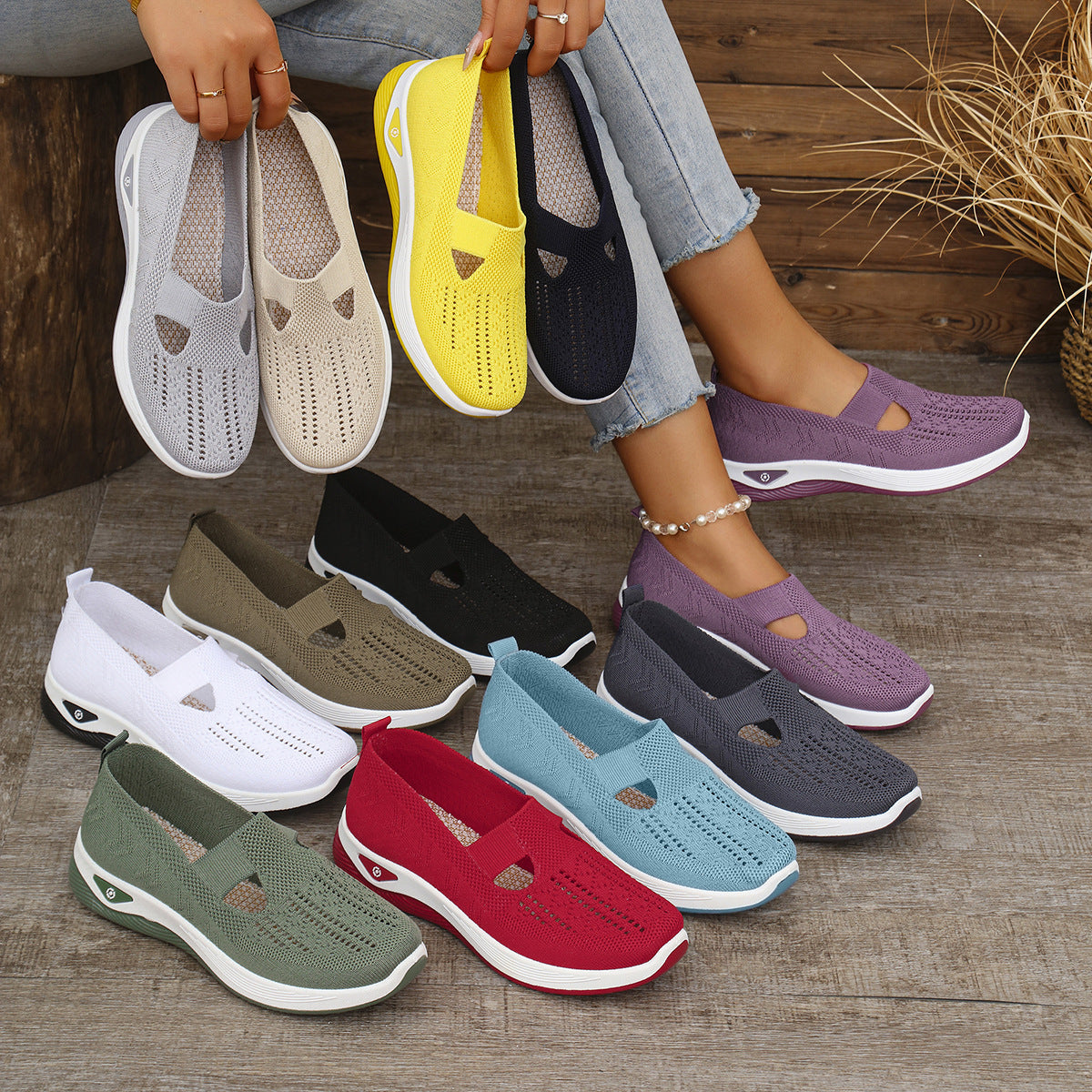 Breathable Knit Women Low Heel Casual Shoes