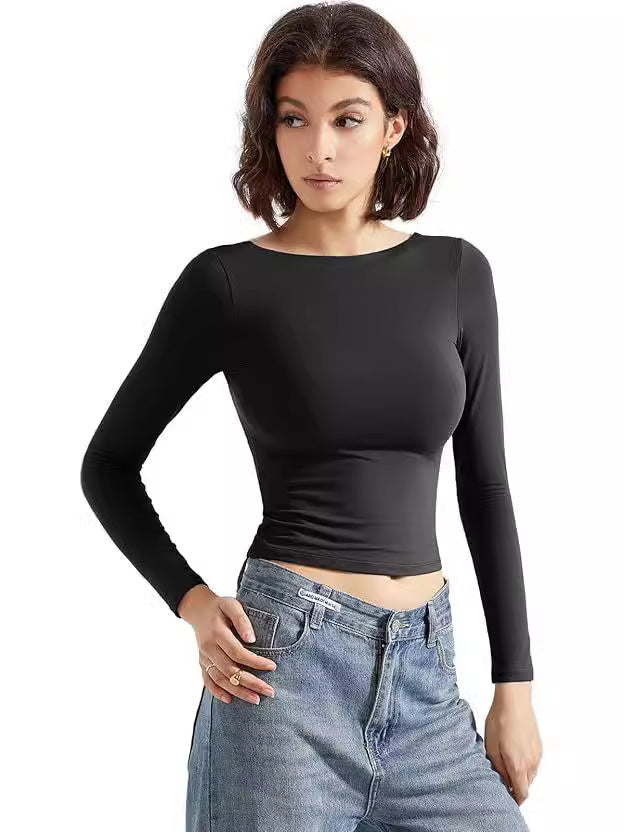 Womens Backless Round Neck Long Sleeve T Shirt Slim Fit