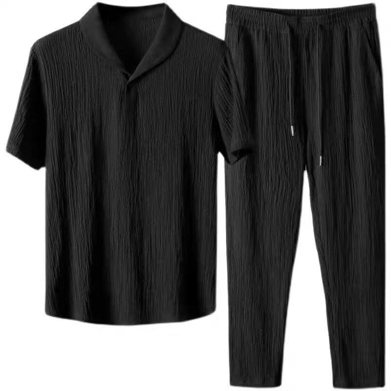 Men Ice Silk Linen Suit Summer Short Sleeve
