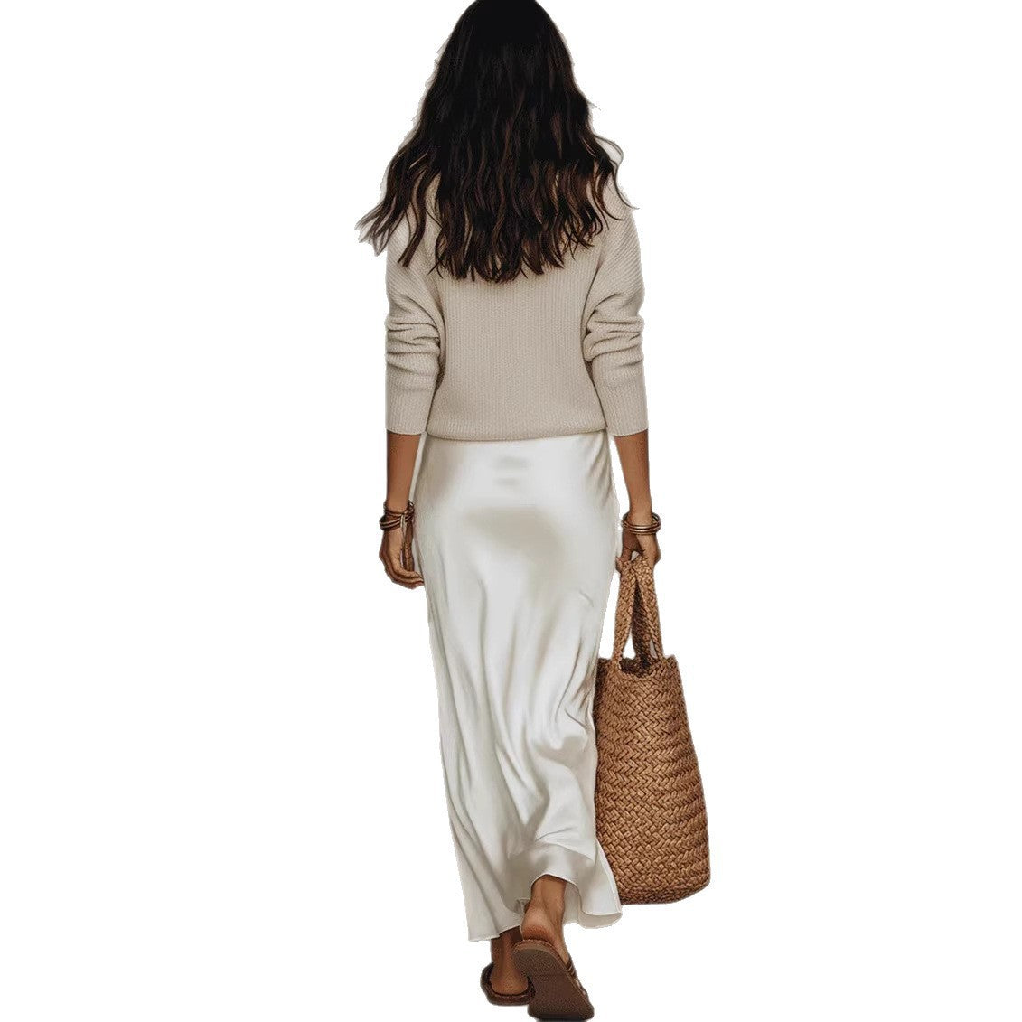 Women Knit Top Satin Dress 2 Piece Set