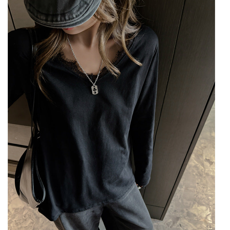 Women's Cotton Lace V-Neck Long Sleeve T-Shirt