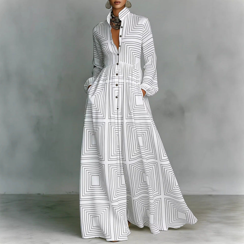 Elegant Waist-Cinching Floral Printed Long Sleeve Dress for Women