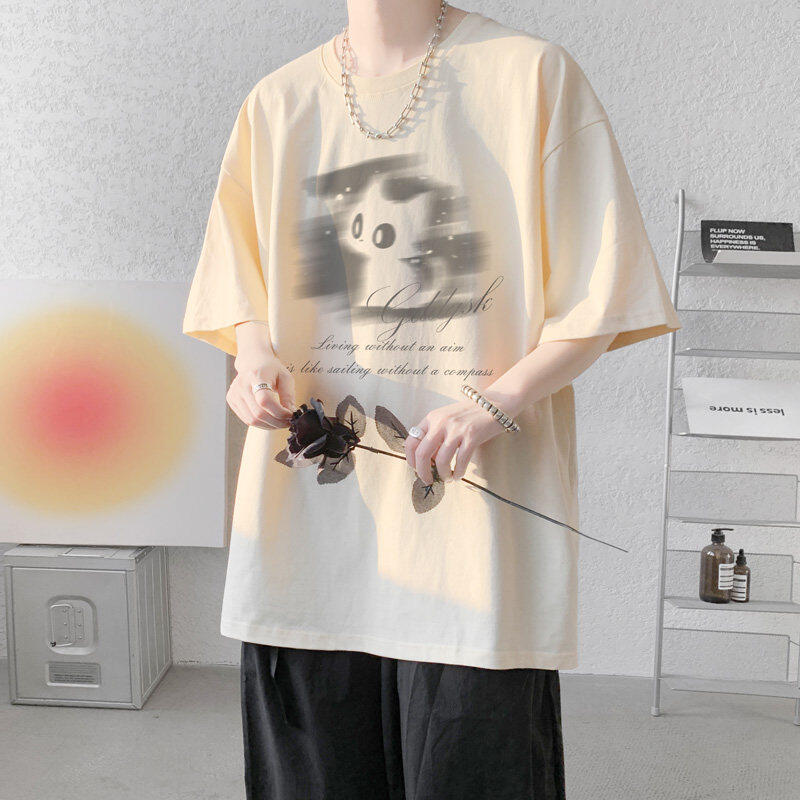 Cat Print Short Sleeve T-Shirt Loose Fit Summer Tee