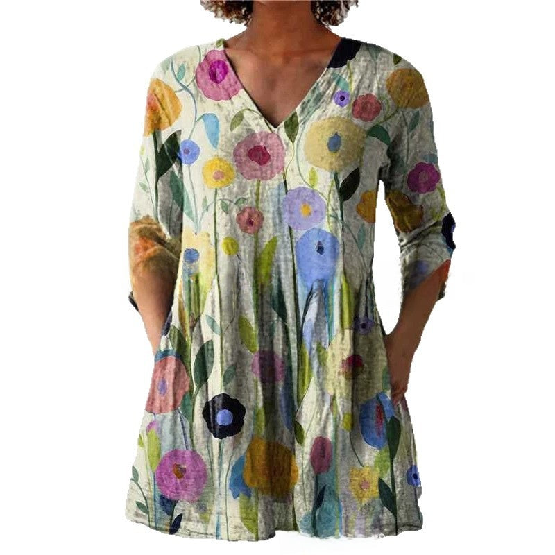 Womens Loose Digital Print V-Neck Short Sleeve T-Shirt
