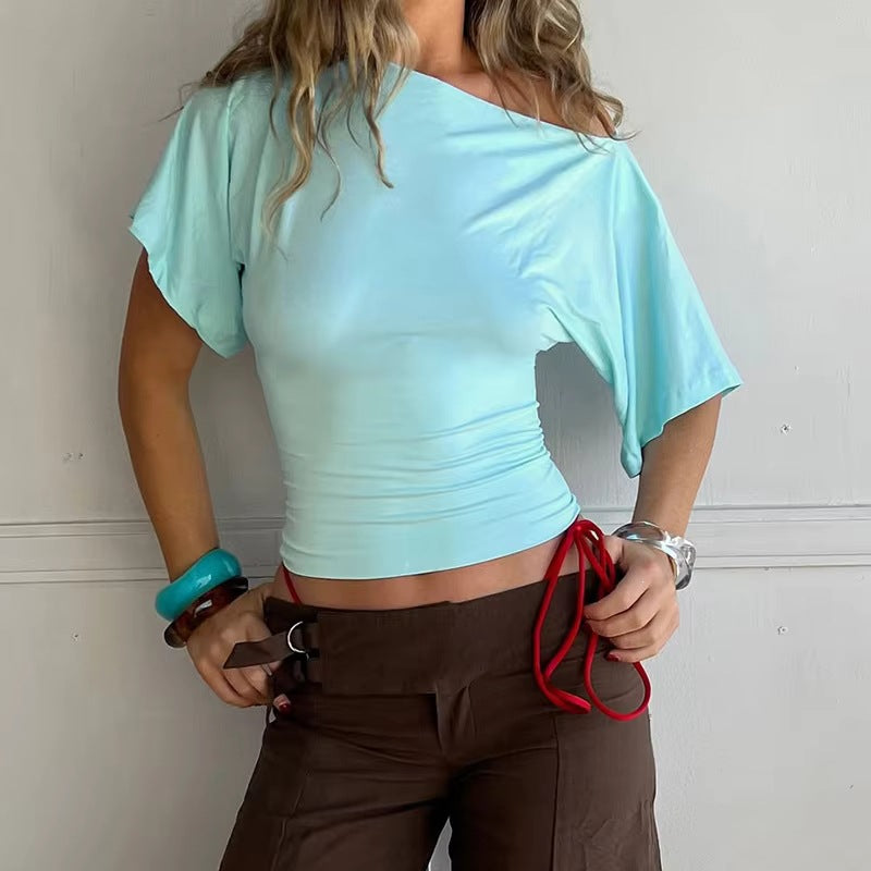 Solid Color Asymmetrical Shoulder Short-Sleeve Slim-Fit T-Shirt  Women