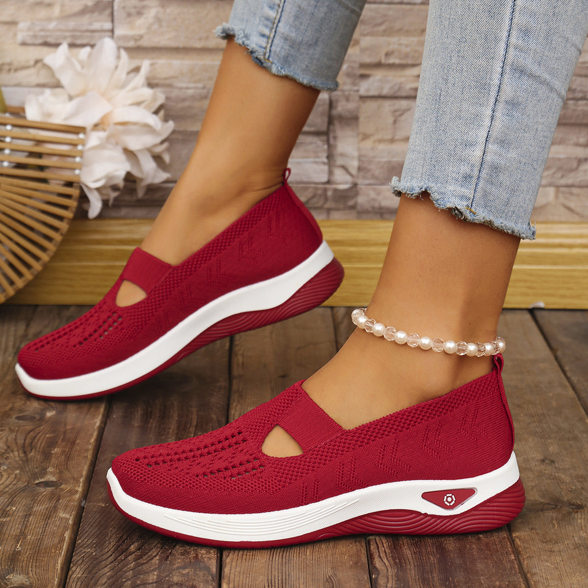 Breathable Knit Women Low Heel Casual Shoes