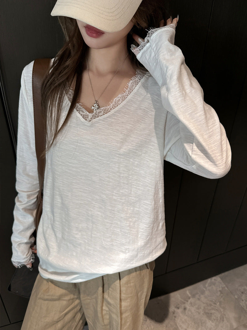 Women's Cotton Lace V-Neck Long Sleeve T-Shirt