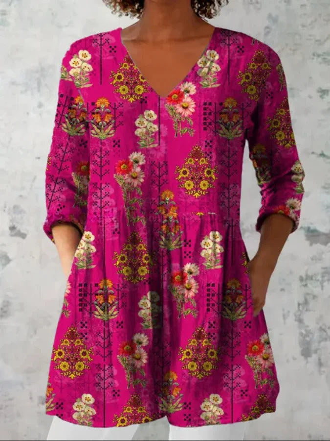 Printed Women V Neck Tops Long Sleeve Loose T Shirt