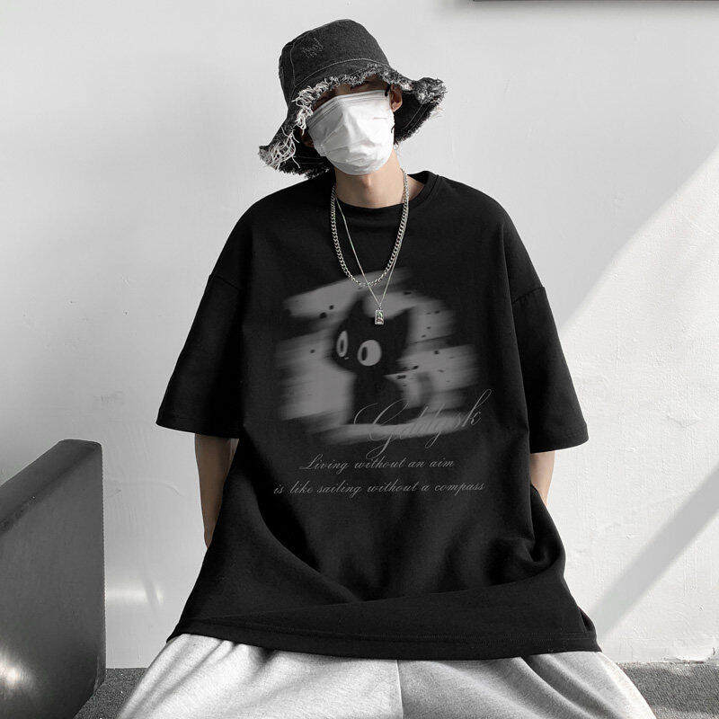 Cat Print Short Sleeve T-Shirt Loose Fit Summer Tee