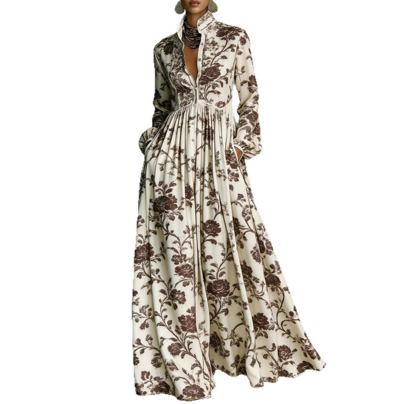 Elegant Waist-Cinching Floral Printed Long Sleeve Dress for Women