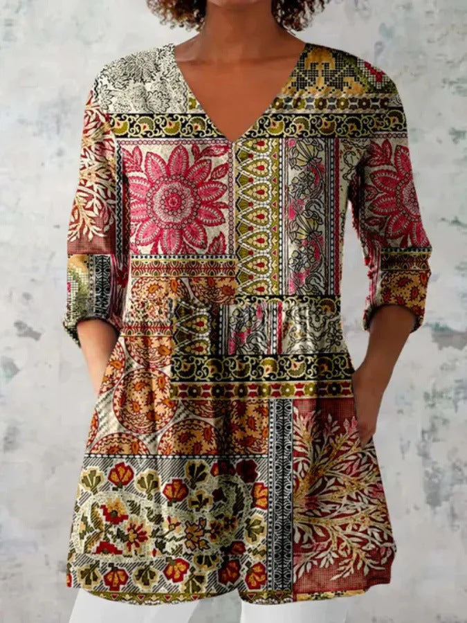Printed Women V Neck Tops Long Sleeve Loose T Shirt