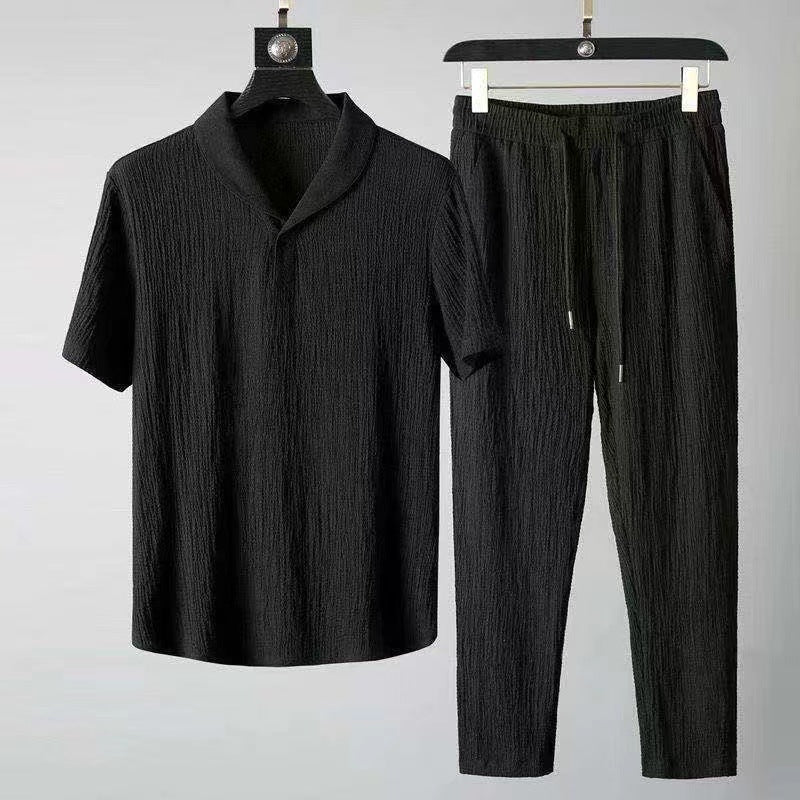 Men Ice Silk Linen Suit Summer Short Sleeve
