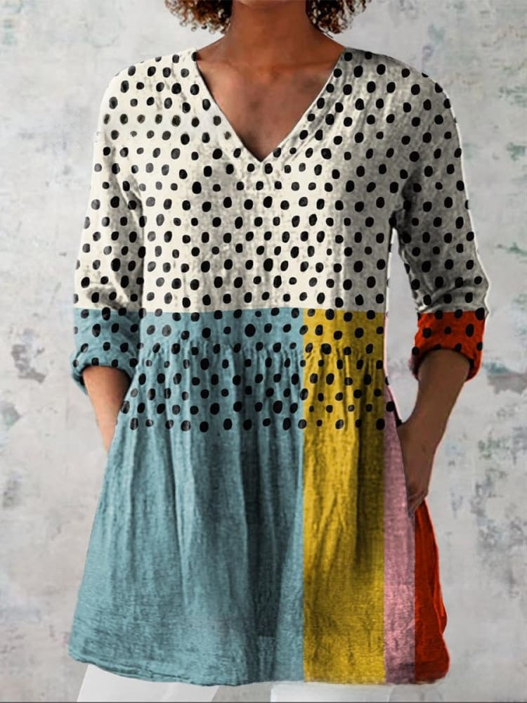 Printed Women V Neck Tops Long Sleeve Loose T Shirt