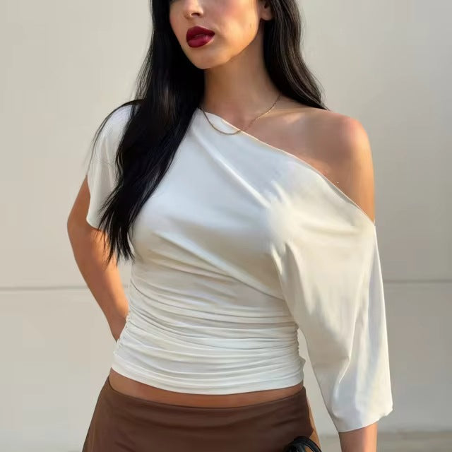 Solid Color Asymmetrical Shoulder Short-Sleeve Slim-Fit T-Shirt  Women
