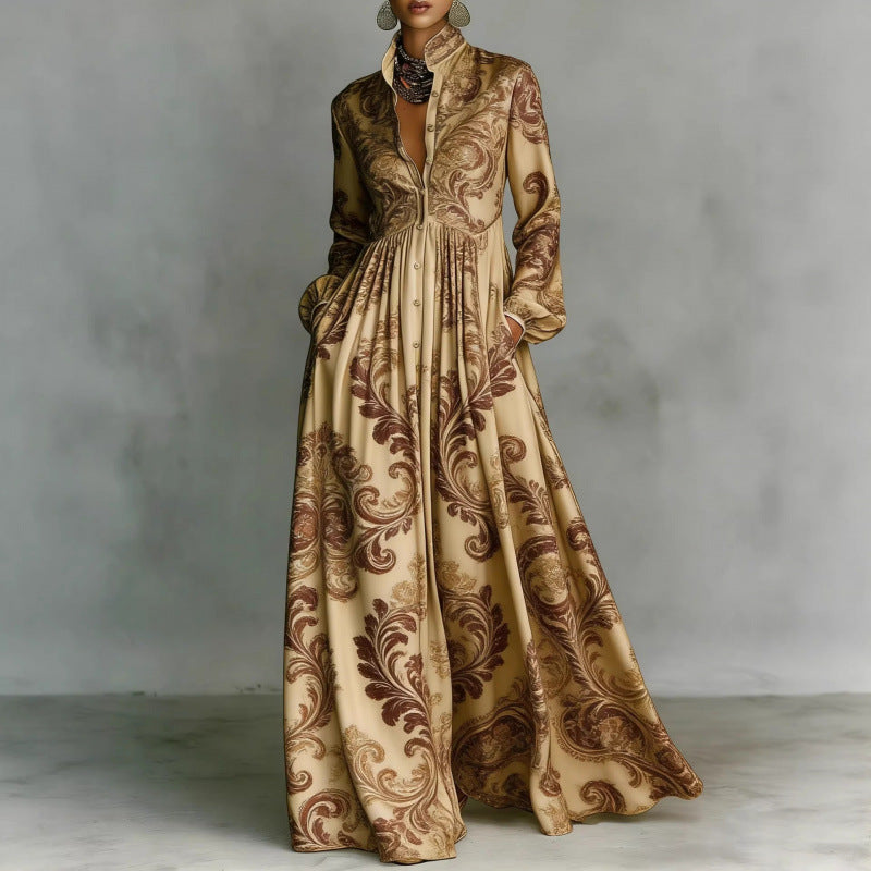 Elegant Waist-Cinching Floral Printed Long Sleeve Dress for Women