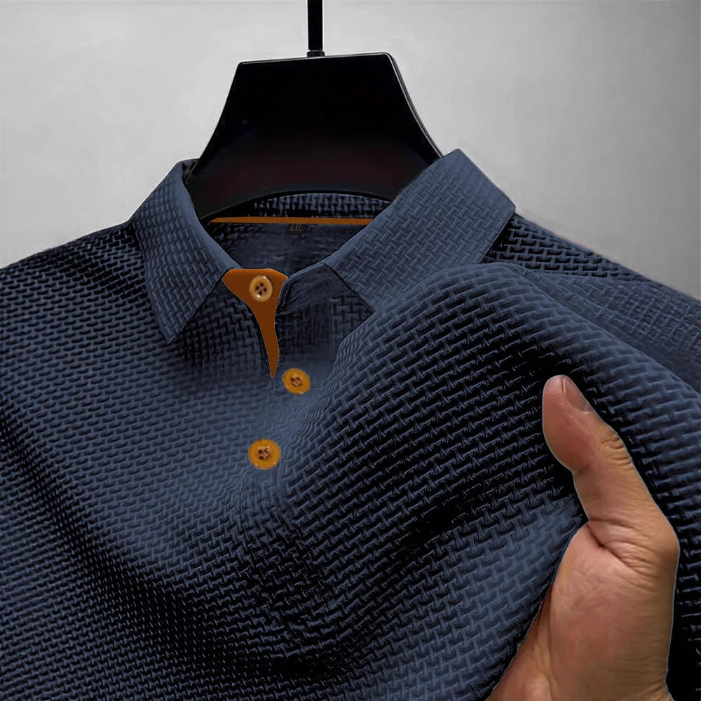 Summer T-Shirt Short-Sleeved Short-Sleeved Classy Mesh Ice Silk Short-Sleeved T-Shirt Men's Shirt Collar Summer Pure Color