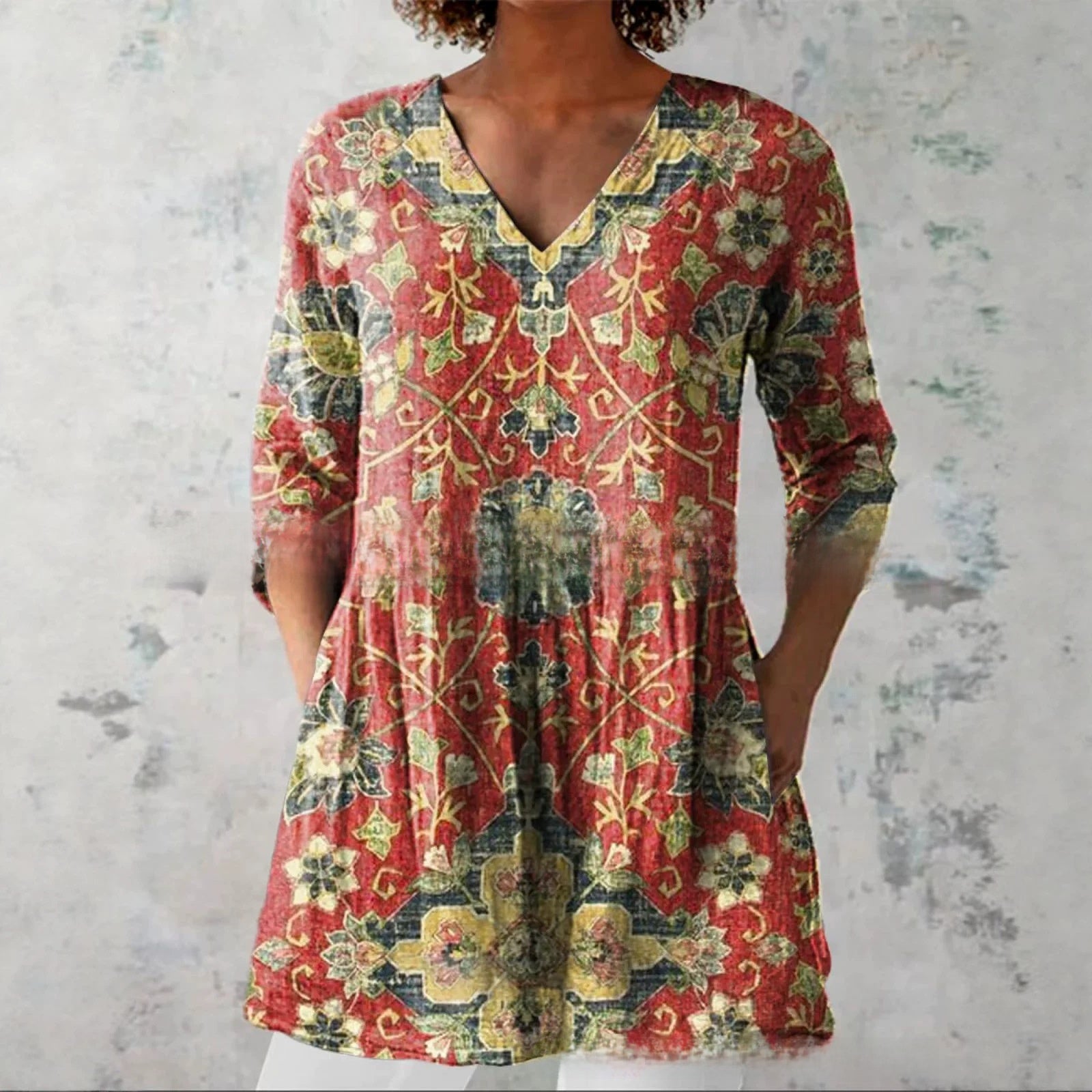 Womens Loose Digital Print V-Neck Short Sleeve T-Shirt