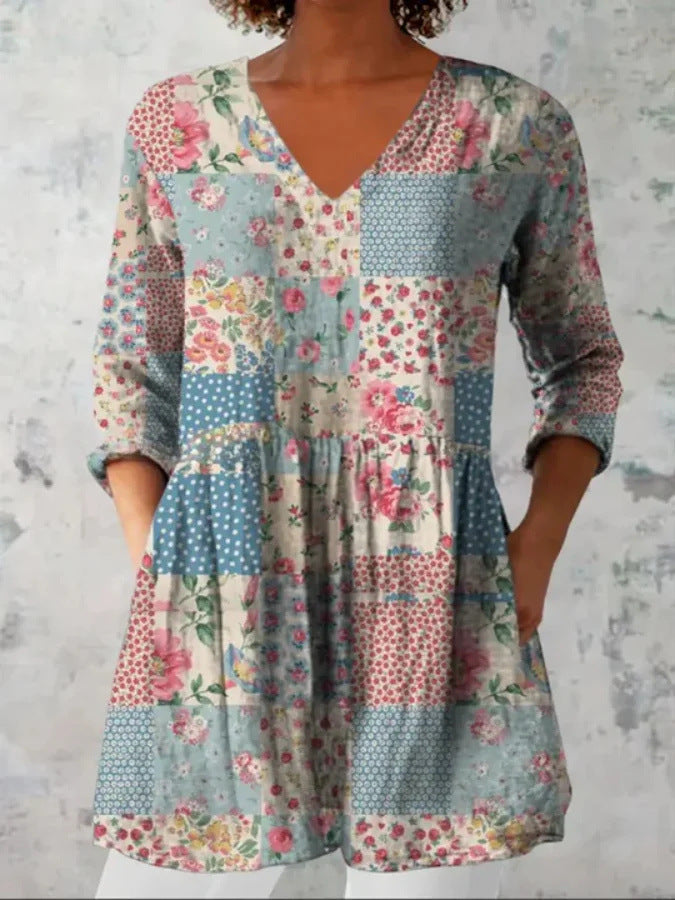 Printed Women V Neck Tops Long Sleeve Loose T Shirt