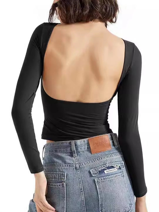 Womens Backless Round Neck Long Sleeve T Shirt Slim Fit