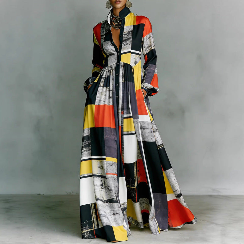 Elegant Waist-Cinching Floral Printed Long Sleeve Dress for Women