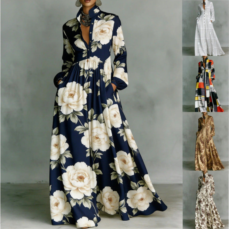 Elegant Waist-Cinching Floral Printed Long Sleeve Dress for Women