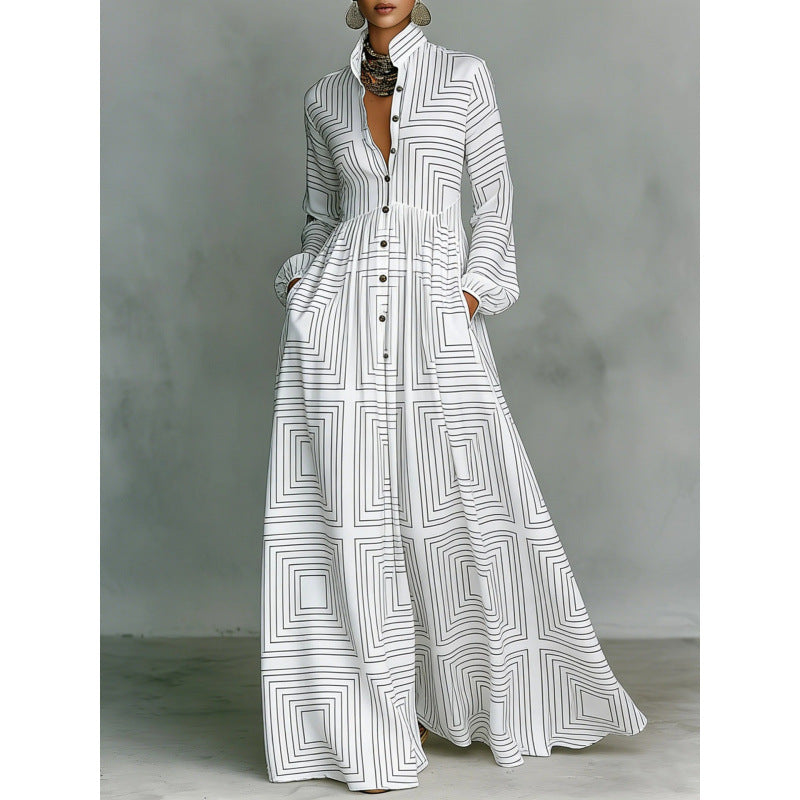 Elegant Waist-Cinching Floral Printed Long Sleeve Dress for Women