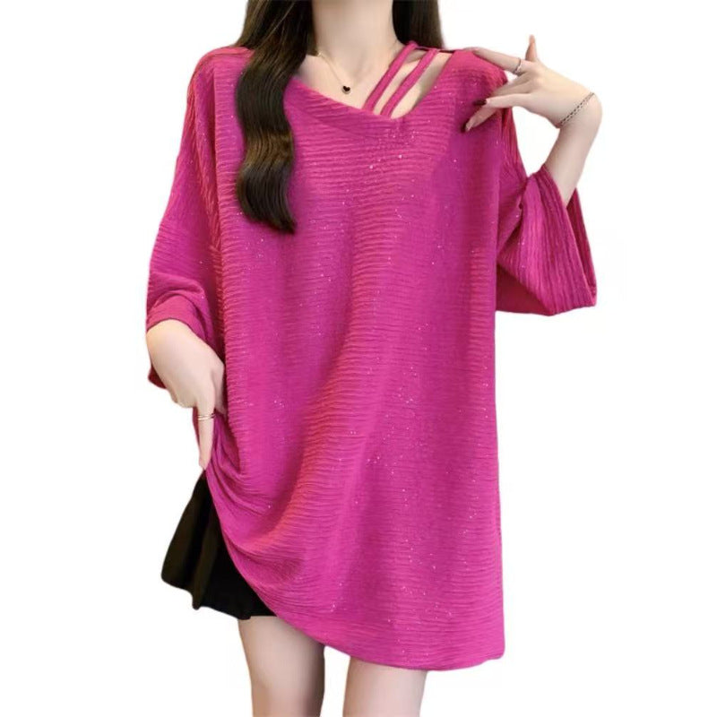 Shiny Texture Asymmetrical Short-Sleeved T-Shirt