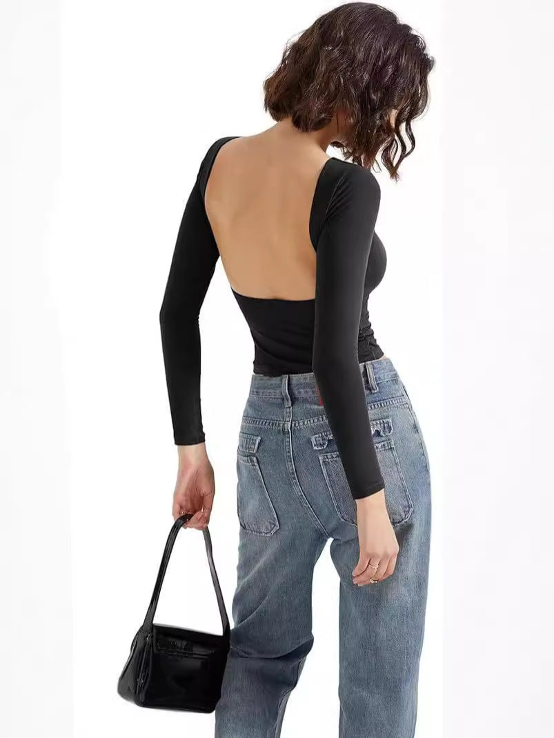 Womens Backless Round Neck Long Sleeve T Shirt Slim Fit