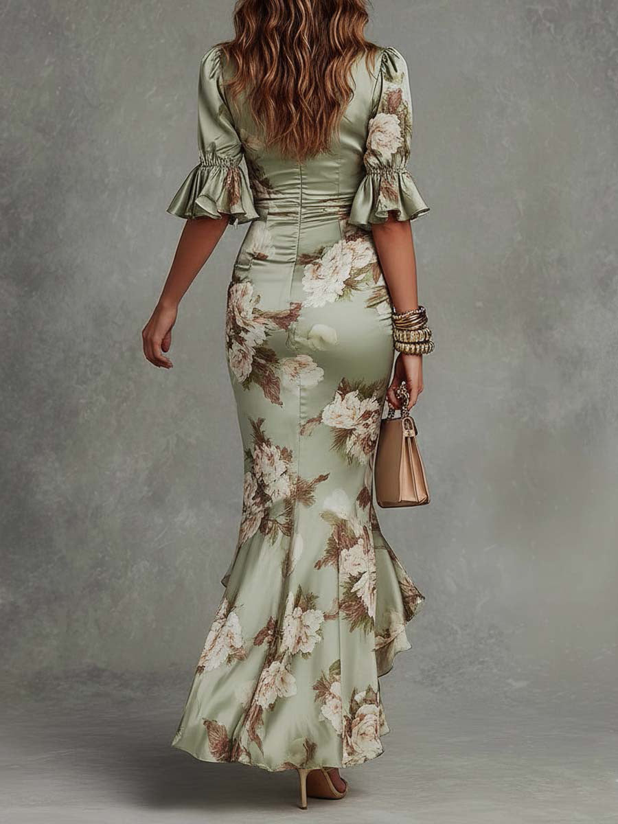 Women V-Neck Slim Fit Printed Fishtail Dress Resort Style