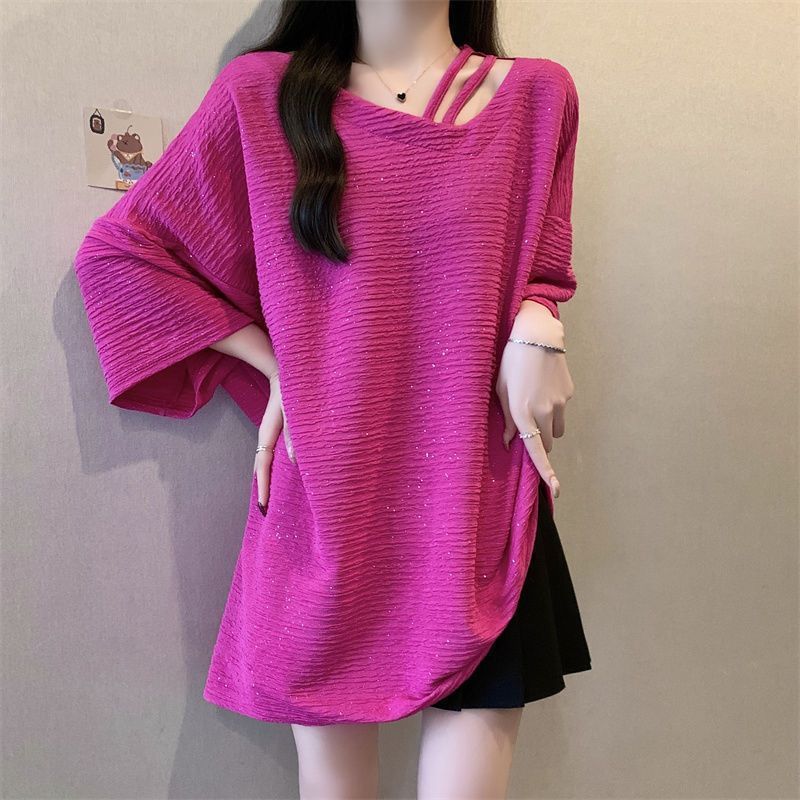 Shiny Texture Asymmetrical Short-Sleeved T-Shirt
