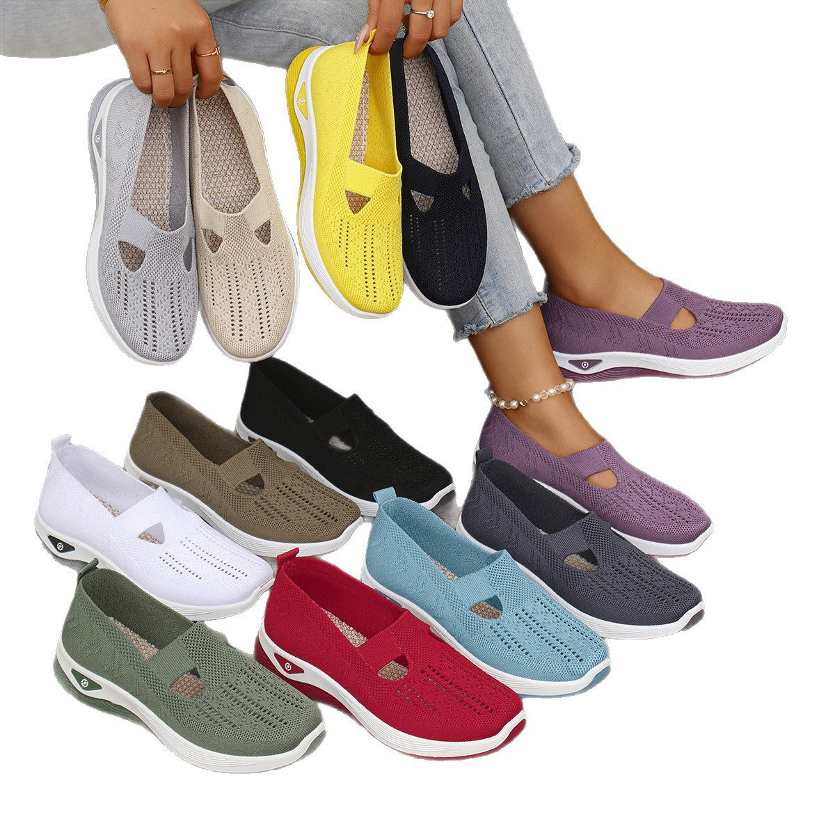 Breathable Knit Women Low Heel Casual Shoes