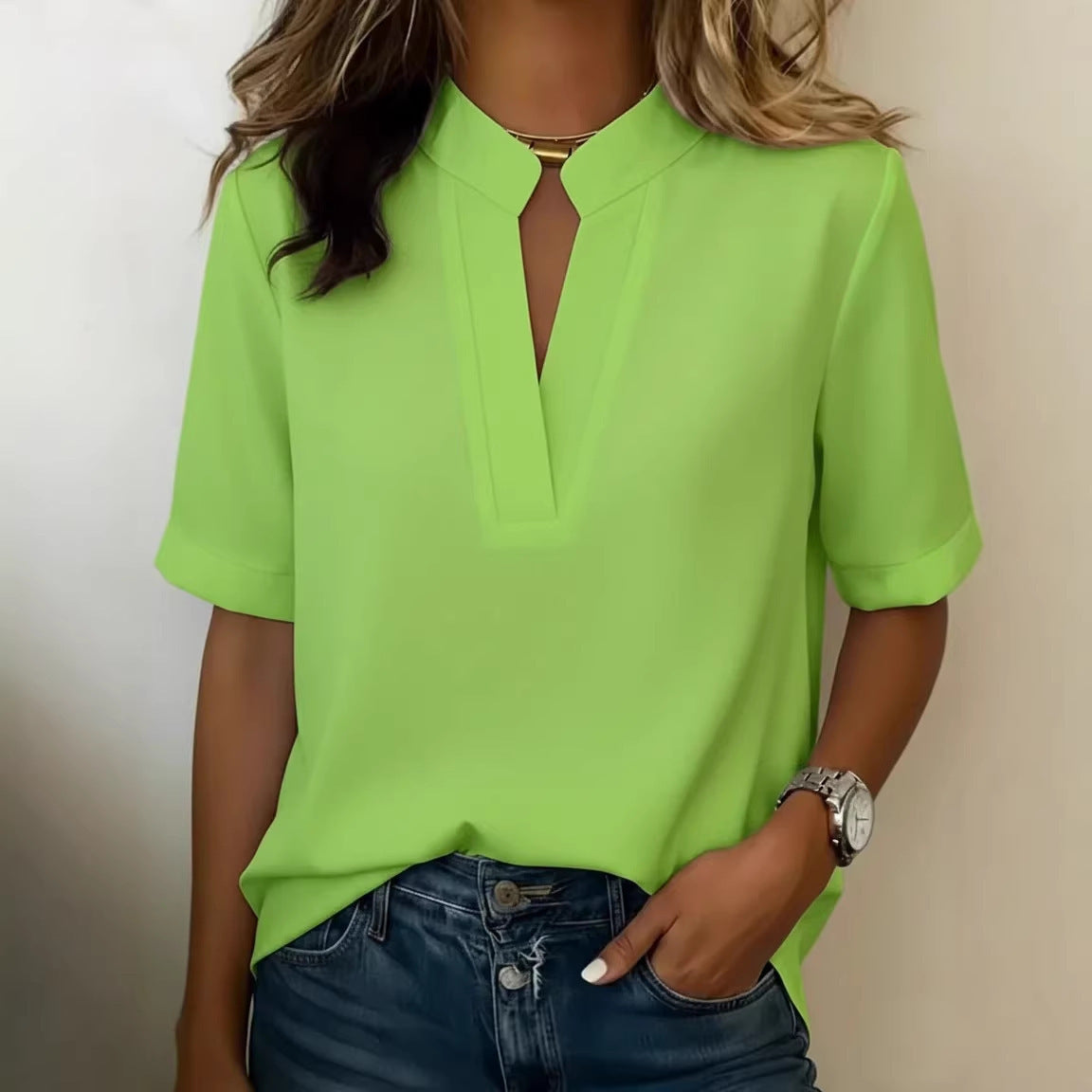 Summer Casual Solid Color V-Neck Loose Shirt T-Shirt for Women