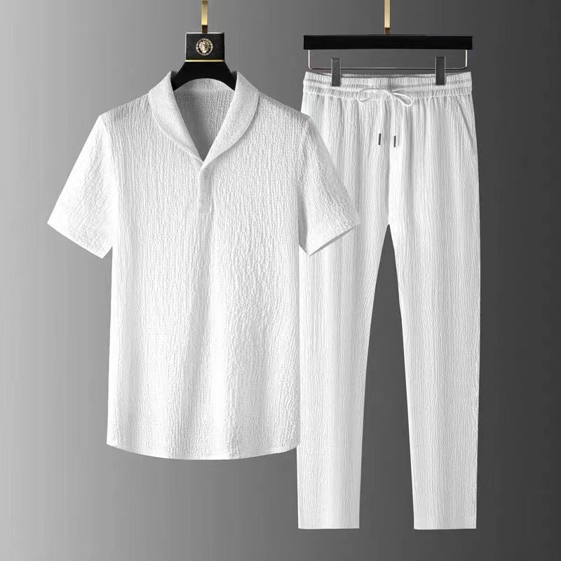 Men Ice Silk Linen Suit Summer Short Sleeve