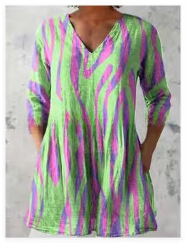 Womens Loose Digital Print V-Neck Short Sleeve T-Shirt