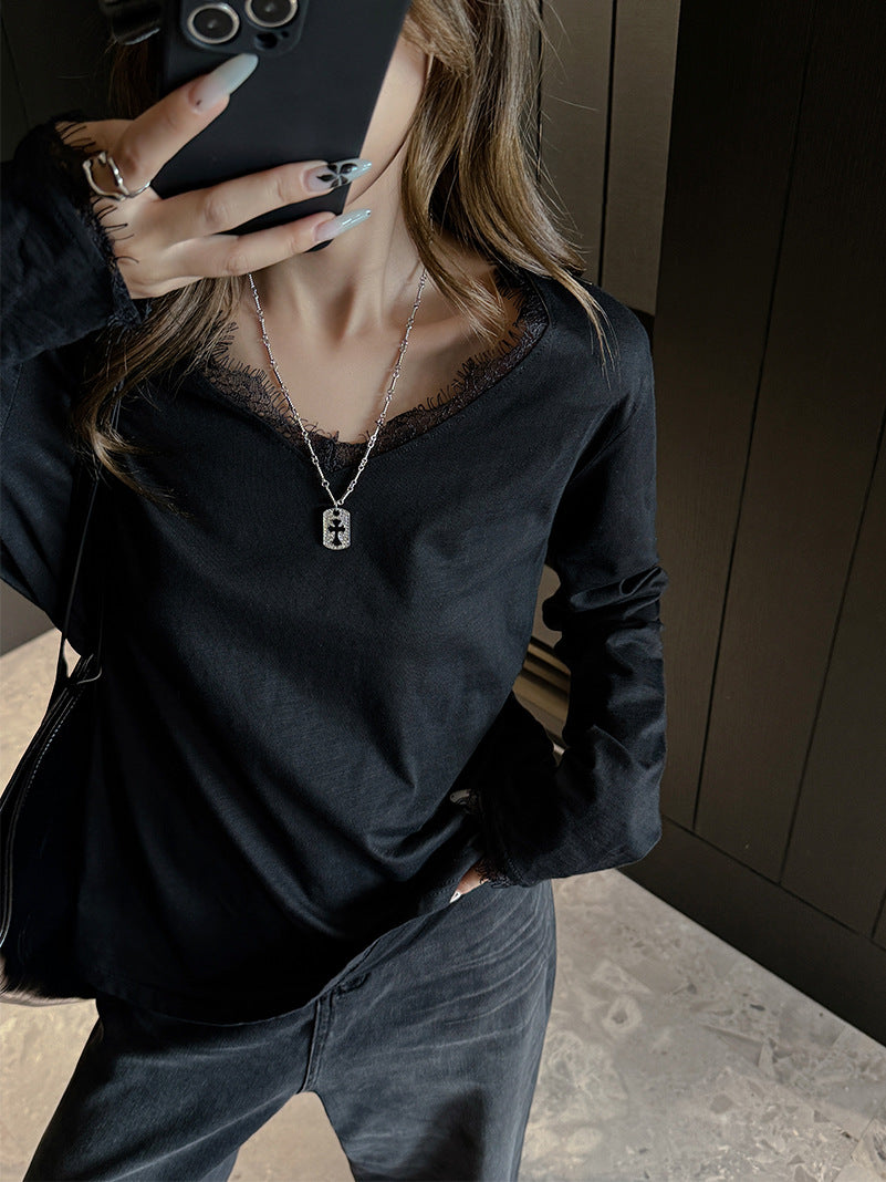 Women's Cotton Lace V-Neck Long Sleeve T-Shirt