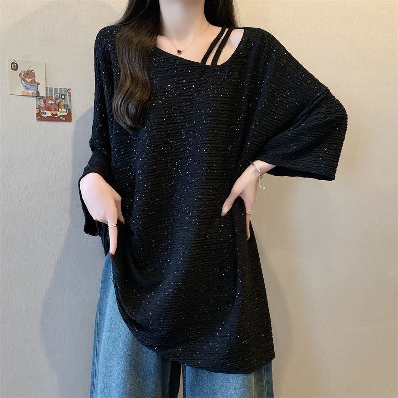 Shiny Texture Asymmetrical Short-Sleeved T-Shirt