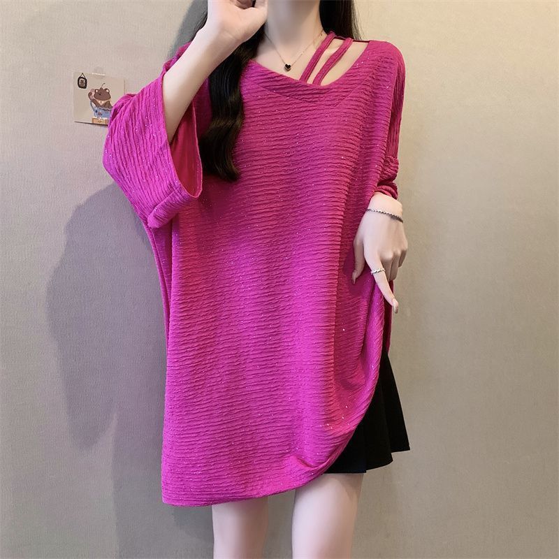 Shiny Texture Asymmetrical Short-Sleeved T-Shirt
