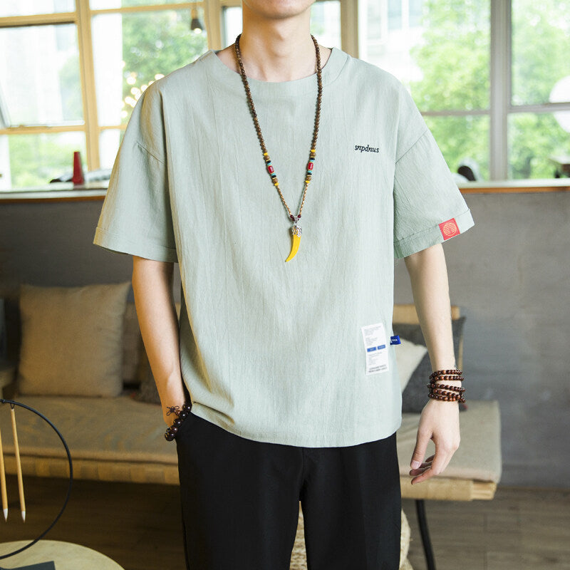 Mens Cotton Linen Short Sleeve T-Shirt