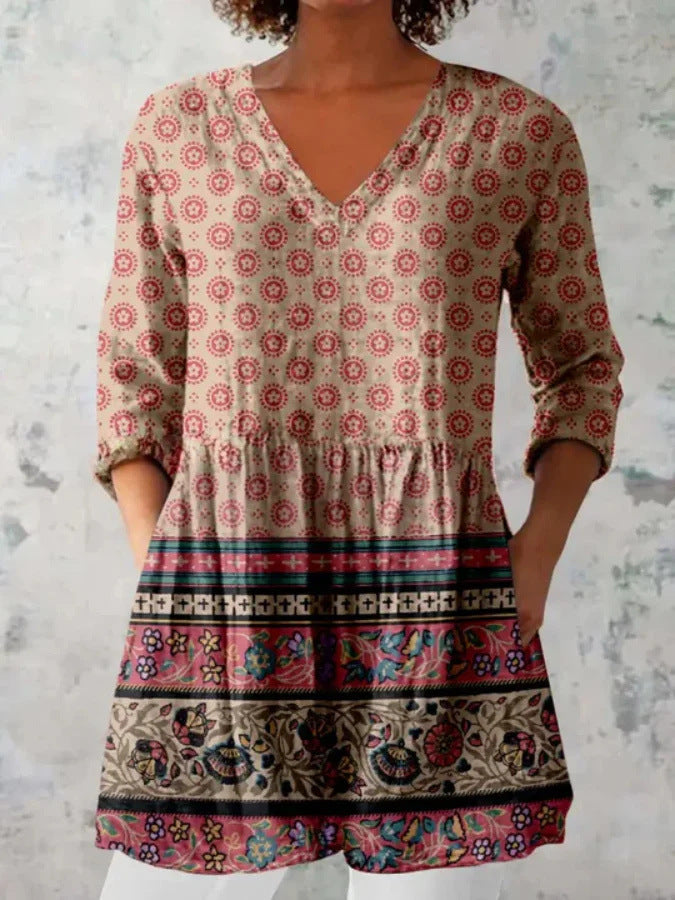 Printed Women V Neck Tops Long Sleeve Loose T Shirt