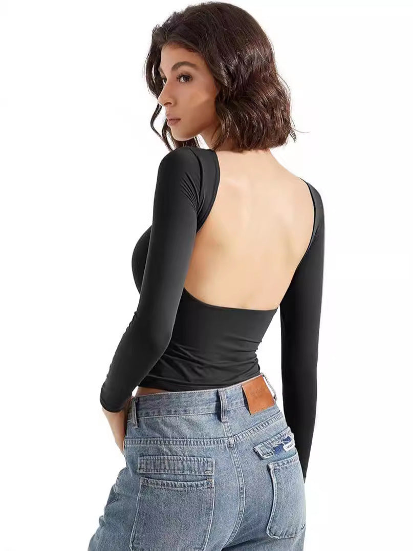Womens Backless Round Neck Long Sleeve T Shirt Slim Fit
